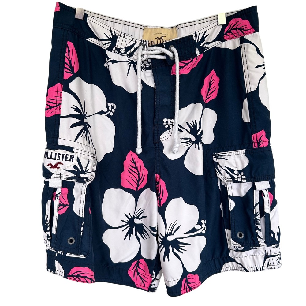2000s Y2K Hollister Board Shorts Mens L Navy Hibiscus Floral Cargo Swim Trunks - Picture 8 of 8